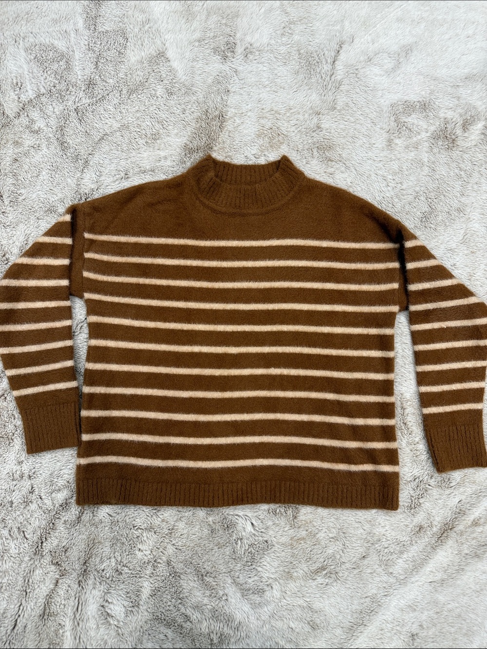 Suzy Shier Brown and Cream Striped Crewneck Sweater